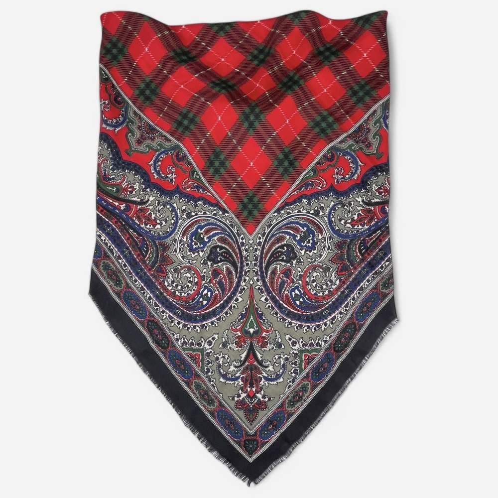 Vintage Italian Scarf Shawl 46x47" Plaid Paisley Polyester Red Green Blue